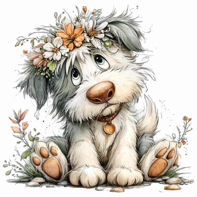 15 PNG Floral Dog Clipart – Funny Puppy PNG Illustration – Cute Fluffy ...