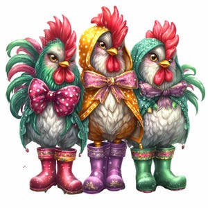Trio de cliparts 16 PNG coq en bottes de pluie à pois et nœuds, animaux de la ferme PNG pour décoration printanière, art drôle de poulet