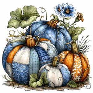 Könnte beinhalten: Eine Aquarellillustration von mehreren Kürbissen in Blau-, Orange- und Weißtönen. Die Kürbisse haben ein Patchwork-Design und sind von grünen Blättern und blauen Blumen umgeben. Die Kürbisse haben braune Stiele.