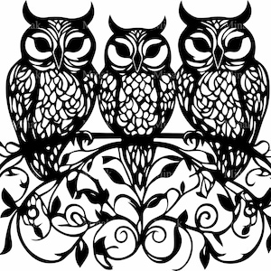 4 archivos SVG de tres búhos, archivo de corte de trío de búhos intrincado, clipart decorativo de vida silvestre, silueta de pájaro adornada para Cricut y láser