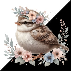 Puede incluir: Un gorri&oacute;n marr&oacute;n con una corona de flores con flores rosas, blancas y azules. El gorri&oacute;n est&aacute; posado en una rama con m&aacute;s flores rosas, azules y blancas.