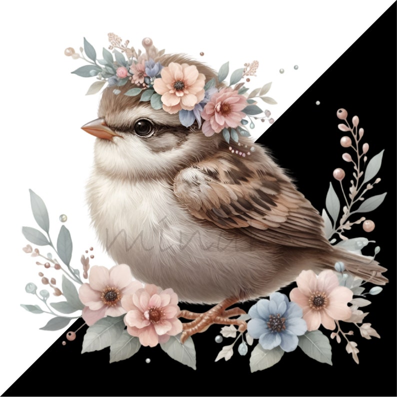 Puede incluir: Un gorri&oacute;n marr&oacute;n con una corona de flores con flores rosas, blancas y azules. El gorri&oacute;n est&aacute; posado en una rama con m&aacute;s flores rosas, azules y blancas.