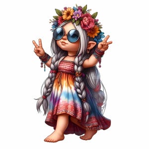 18 png-vredesteken meisje – hippie-clipart png – bloemenkroonkunst voor zomerdecor, retro sublimatie, kinderverjaardagsafdrukken