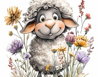 10 images clipart de moutons fleuris (PNG) - Illustration d'agneau de printemps dans une prairie de fleurs sauvages - Sublimation