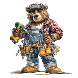 16 Construction Bear Clipart Builder Animal Png Carpenter Tool Sublimation Art