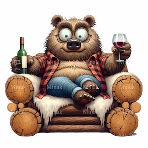 15 divertenti clipart PNG di orsi del vino in camicia di flanella con bicchieri su sedia di legno per sublimazione, arredamento per cabina, arte di animali divertenti