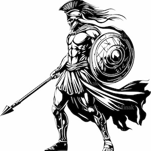Archivo de corte SVG de 6 guerreros espartanos: feroz soldado griego con lanza y escudo: descarga digital para Cricut y láser
