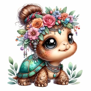 15 PNG Cute turtle with flower crown - baby animal PNG clipart for nursery wall art, kids crafts, greeting cards and sublimation