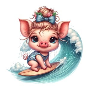 12 imágenes prediseñadas de cerdito surfista con arco y olas, lindos PNG digitales para manualidades y diseños de verano