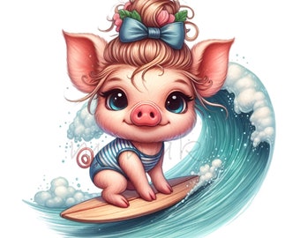 12 PNG Surfing Pig Clipart – Watercolor Beach Animal Illustration for Shirts, Stickers, Nursery