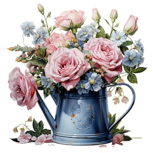 10 PNG Rustic floral – Watering can flower PNG – Vintage bouquet clipart for cards, crafts, invitations and home decor