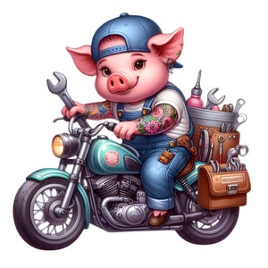 15 Clipart PNG di maialino motociclista / Maiale tatuato su moto con attrezzi / Divertente arte animale meccanica per sublimazione e artigianato