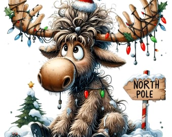 Adorable Christmas Moose Clipart PNG - 15 Cute Moose with Santa Hat, Antlers, and Holiday Lights