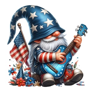 15 PNG - Clipart gnome du 4 juillet - Illustration patriotique PNG - Art de guitare des États-Unis pour l'artisanat du jour de l'indépendance, décoration de fête, impressions festives