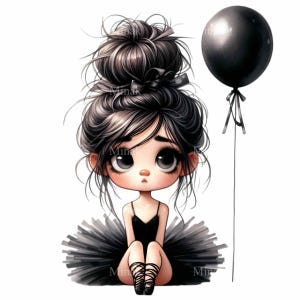Imagen prediseñada de niña bailarina triste con globo negro, 12 moños desordenados y tutú negro, arte de dibujos animados emocionales, tema de ballet oscuro