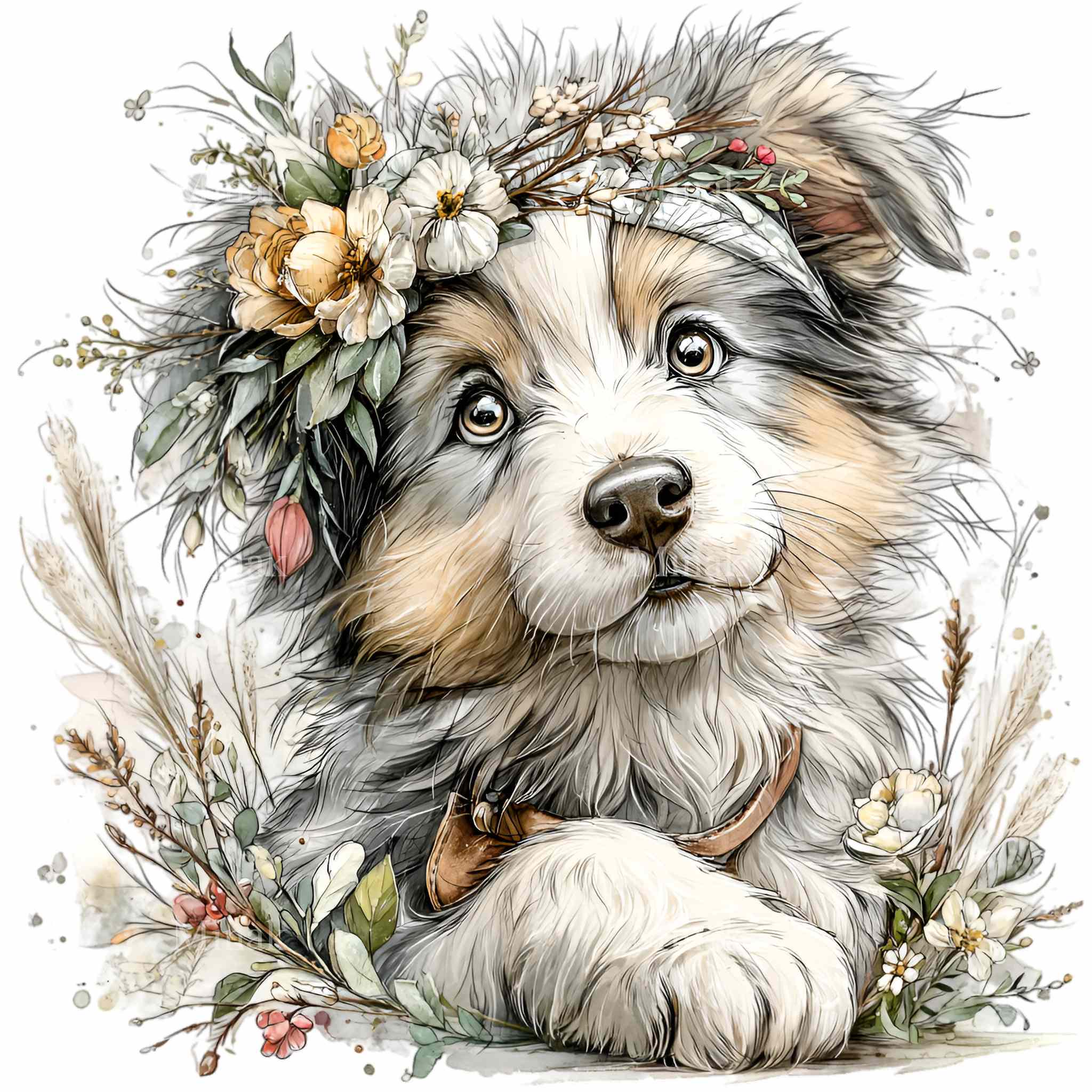 15 PNG Floral Dog Clipart – Funny Puppy PNG Illustration – Cute Fluffy ...