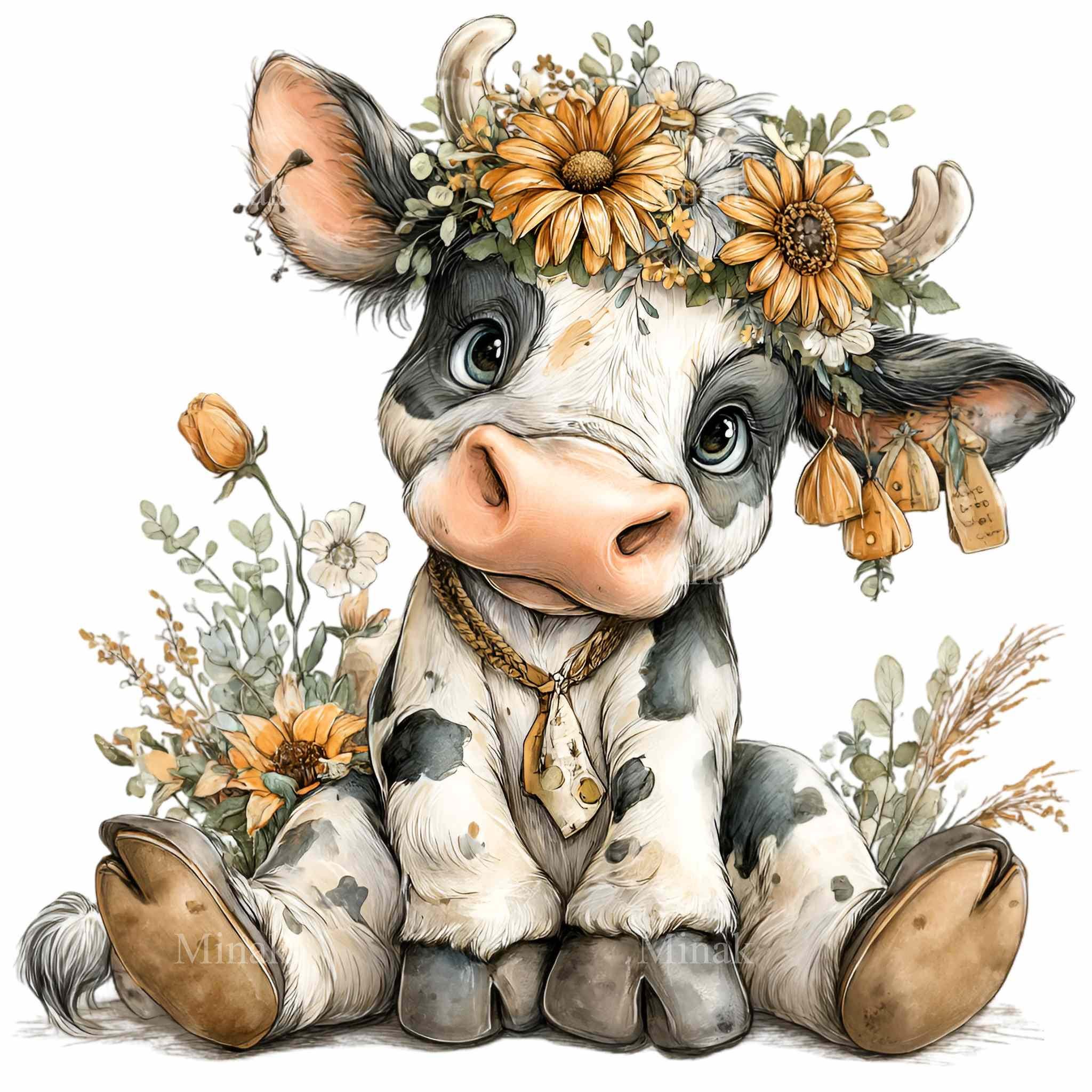 15 PNG Cow Clipart Floral Illustration, Watercolor Baby Farm Animal for ...