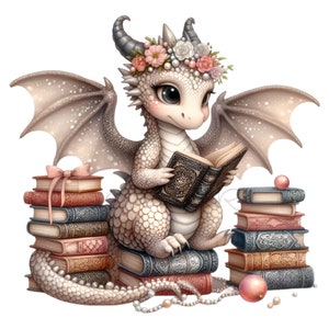 K&ouml;nnte beinhalten: Ein s&uuml;&szlig;er, wei&szlig;er Drache mit grauen Fl&uuml;geln, der eine Blumenkrone tr&auml;gt und ein Buch liest. Der Drache sitzt auf einem Stapel B&uuml;cher mit einer Perlenkette um den Hals.
