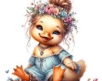 15 PNG Floral Enten Clipart, Baby Ente Messy Bun Bauernhof Tier