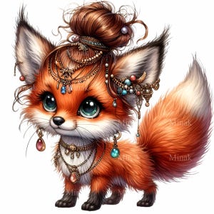 11 Renard mignon PNG Clipart – Renard roux aux grands yeux avec noeud supérieur et bijoux – Art numérique adorable animal fantastique de la forêt
