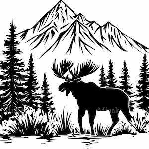 4 alces de montaña SVG: silueta rústica de vida silvestre con bosque y picos para Cricut y manualidades con temática de la naturaleza