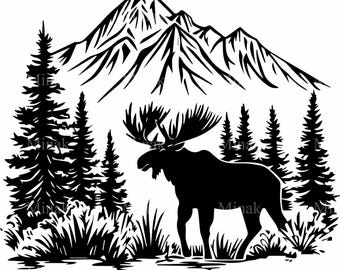 4 Mountain Moose SVG - Rustic Wildlife Silhouette with Forest and Peaks for Cricut and Nature-Themed Crafts