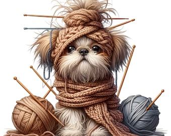 12 PNG Knitting Shih Tzu, Dog With Yarn Balls Craft Clipart