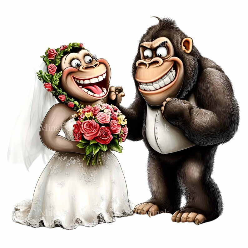 12 PNG Monkey Wedding Clipart, Chimp Bride and Groom, Funny Jungle ...