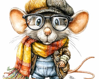 12 PNG Smart Mouse Glasses Newsboy Cap Autumn Clipart