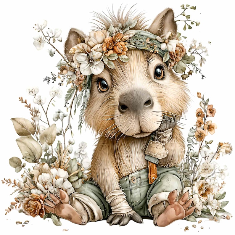 May include: A whimsical illustration of a capybara adorned with a floral crown and seated amidst delicate flowers. The capybara wears green overalls and a small tag. The artwork features soft, warm colors and a charming, friendly expression.