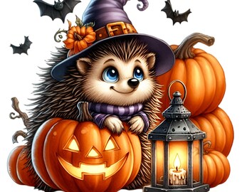 14 PNG Halloween Hérisson Chapeau de Sorcière Citrouille Lanterne Chauve-Souris Design de Sublimation