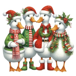 15 Noël canards PNG Clipart, vacances canard famille Art, oiseaux d'hiver festifs dans des chapeaux de père Noël, téléchargement numérique mignon