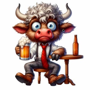 12 grappige hooglandkoe met bier PNG-afbeeldingen – aangeklede stier met biermok – grillige digitale kunst tavernekoe