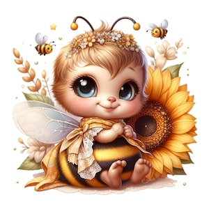 14 Clipart PNG mignon bébé abeille avec tournesol, adorable fille bourdon en téléchargement numérique pour sublimation et travaux manuels