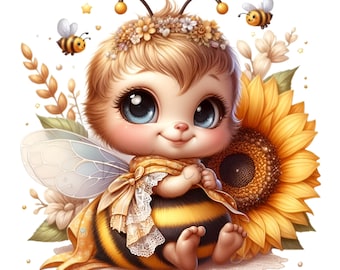 14 Cute Baby Bee PNG Clipart with Sunflower, Adorable Bumblebee Girl Digital Download for Sublimation & Crafts