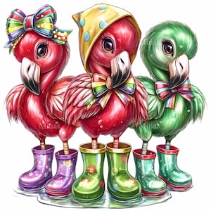 18 PNG Frühling Flamingo Trio - Regnerischer Tag Clipart - Süßer Vogel PNG für Kinderhandwerk, Einladungen, Scrapbooking, Sublimation