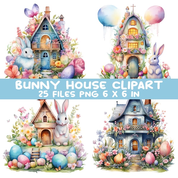 Bunny House Clipart Bundle 25 PNG Watercolor Spring Easter Baby Bunny Card making, Digital Downloads