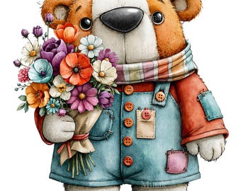 16 PNG Bear Flower Bouquet Clipart, Overalls Sublimation