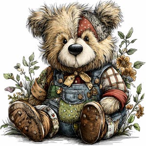 Könnte beinhalten: Detaillierte Illustration eines Teddybären mit Jeans-Latzhose, kariertem Hemd und braunen Stiefeln. Der Bär hat einen geflickten Kopf und ist von Blumen und Grün umgeben, was eine skurrile, Vintage-Ästhetik erzeugt.