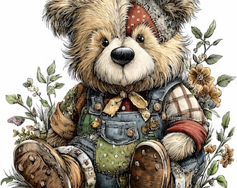 12 PNG Patchwork animal clipart - PNG bear illustration - digital download for crafters, scrapbook makers, card designs, kids decor