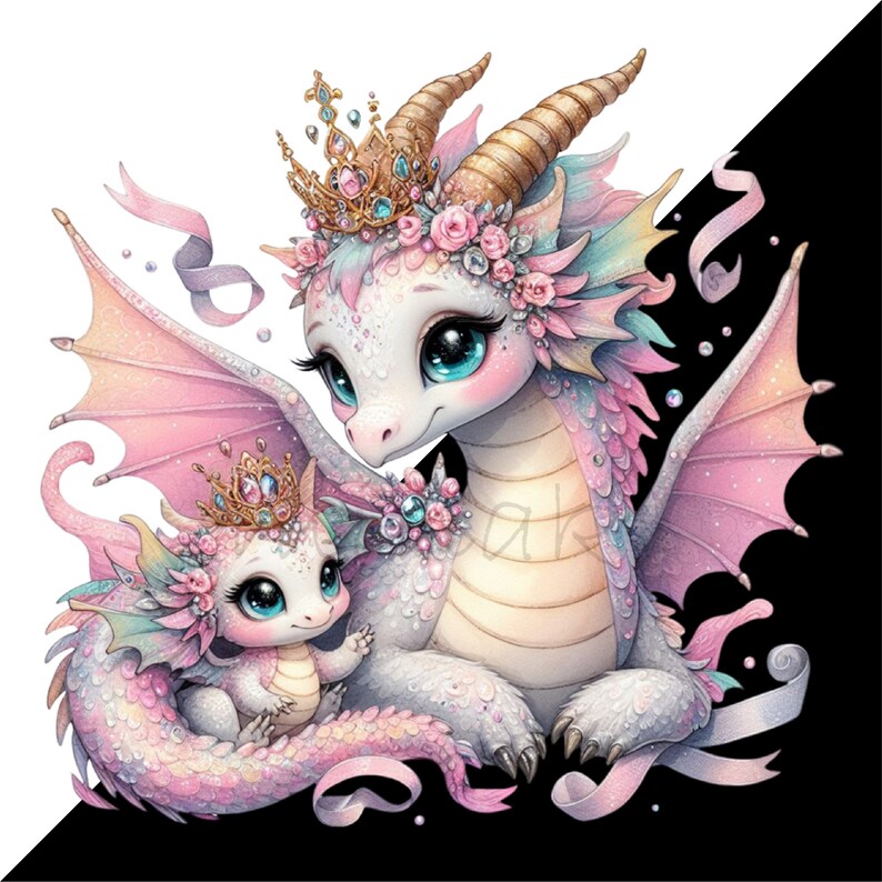 May include: A pink and white dragon with a crown and flowers on its head, holding a smaller pink and white dragon with a crown and flowers on its head. Both dragons have blue eyes and are sitting on a white background.