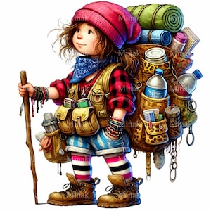 Peut inclure: Une illustration de dessin animé d'une jeune fille portant une chemise à carreaux rouge et noir, un bandana bleu et un chapeau rose. Elle porte un grand sac à dos rempli de matériel de camping et un bâton de marche.