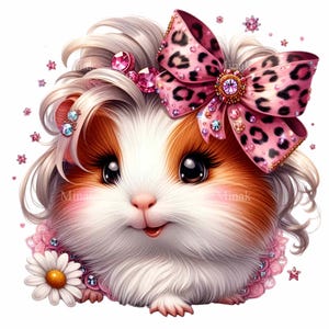 12 imágenes PNG de conejillos de indias adorables, glamoroso conejillo de indias con lazo rosa y margarita, arte de pared para guardería, adorable decoración para mascotas