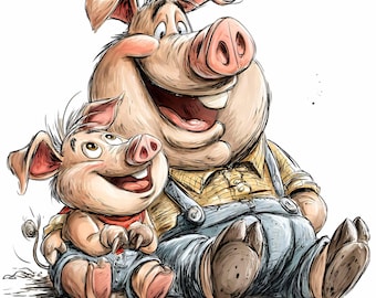 Clipart père et fils de cochon drôle 15 PNG, salopette d'animaux de la ferme, aquarelle de porcelet