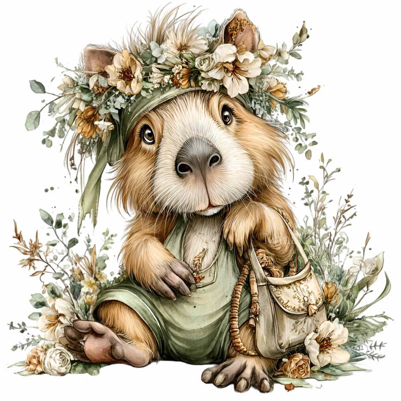 May include: A whimsical illustration of a capybara wearing a floral crown and green overalls, holding a small purse. The capybara is surrounded by flowers and greenery, with a soft, watercolor style.
