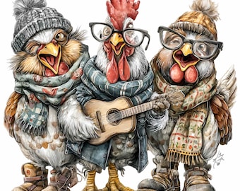 12 PNG Band Chickens Clipart Guitar Winter Birds Graphic