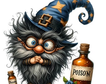 15 Wizard Gnome Star Hat PNG, Poison Bottle Gray Beard Alchemist Print