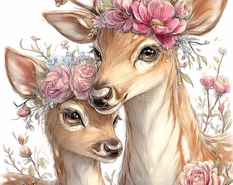 10 PNG-Bilder von Mutter und Kitz mit Blumenkranz, Frühlings-Hirsch-Sublimations-Aquarellporträt