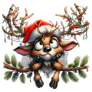 Clipart renne de Noël original PNG - 15 rennes mignons avec bonnet de Noel, bois et guirlandes lumineuses