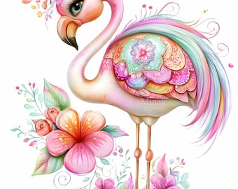 16 imagens PNG de flamingos florais, estampa artística de pássaros tropicais rosa.